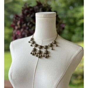 Taupe Olive Beaded Statement Bib Necklace Boho Dangle Unsigned